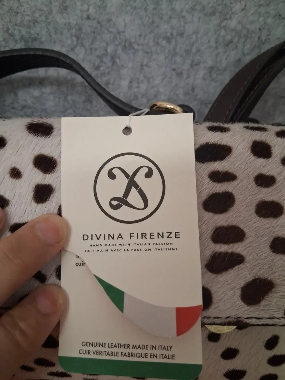 Divina Firenze Animal Print Satchel Top Handle Bag Detachable Strap White Brown